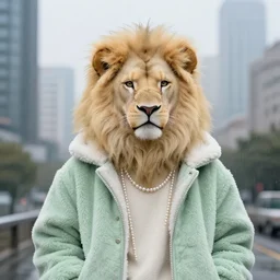 aesthetic portrait commission of a albino male furry anthro lion in a rainy utopian city while wearing a cute green jacket cozy soft pastel winter outfit with pearls on it, rainy atmosphere. character design by charlie bowater, ross tran, artgerm, and makoto shinkai, detailed, inked, western comic book art, 2 0 2 1 award winning painting