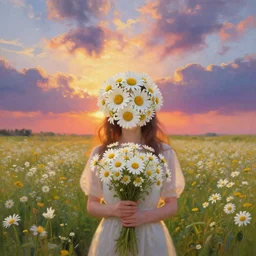 head made of daisies, girl standing in a vast flower field, holding flowers, surreal photography, sunrise dramatic light, impressionist painting, colorful clouds, large sky, digital painting, artstation, simon stalenhag, flower face