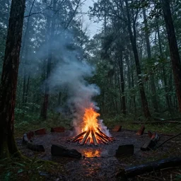 photo of abandoned site of a ritualistic barbarian ceremony in a rain forest clearing, twilight, ominous bonfire with smoke emanating, award-winning magazine photo