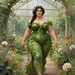 a stunning matte portrait of a thicc and voluptuous princess jasmine dressed as a beautiful poison ivy with hair tied in a braid walking through a flowering garden, greenhouse in the background, intricate, elegant, highly detailed, digital painting, artstation, concept art, sharp focus, illustration, art by jugendstil and greg rutkowski and alphonse mucha
