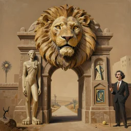 A surreal earth tone painting of the Lion's gate, futuristic picasso by hr giger and Vladimir kush and dali and kandinsky, 3d, realistic shading, complimentary colors, earth tone colors, aesthetically pleasing composition, masterpiece, 4k, 8k, ultra realistic, super realistic