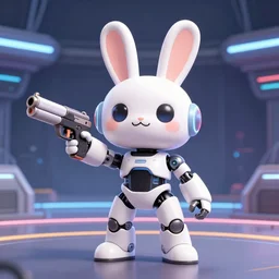 an anthropomorphic rabbit robot with human characteristics holding guns, in a futuristic arena, digital art, epic composition, fantasy cyberpunk, explosion of color, highly detailed, in the style of jakub rebelka artstation, in the style of jake parker, in the style of conrad roset, swirly vibrant colors, sharp focus
