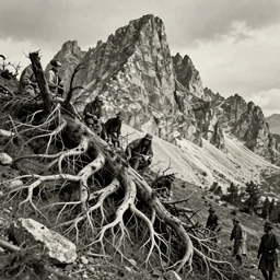 photography of a mountain getting destroyed by roots, dolomites, alpine, detailed intricate insanely detailed octane render, 8k artistic 1920s photography, photorealistic, chiaroscuro, hd, by David Cronenberg, Raphael, Caravaggio