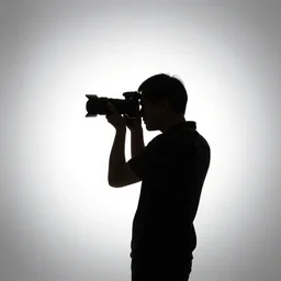 silhouette of a photographer taking a picture. studio lighting. white rimlight. white background