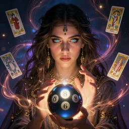 psychic gypsy woman magic8ball tarot card, swirling glowing flowing energies, gypsy woman sees into the future, mysterious with hynotic pretty eyes, hyperdetailed, artstation by James Jean, Moebius, Mucha Klimt and Tom Bagshaw , featured on Artstation, CGsociety, Behance HD