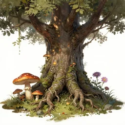 a beautiful digital illustration painting of a detailed fantasy tree trunk and roots, mushroom, flowers by benoit b. mandelbrot, jeremiah ketner 8 k resolution trending on artstation concept art digital illustration