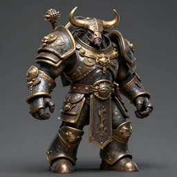 bull warrior in ancient plated ornamented armor, bulky body, full body concept, beksinski, warhammer fantasy beastman