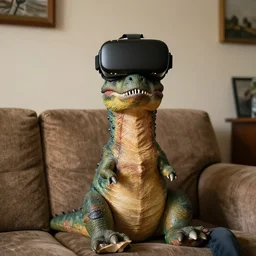 VR Headset on the head of anthropomorph dinosaur, sitting on a couch, by Tomasz Alen Kopera and Tony Sart