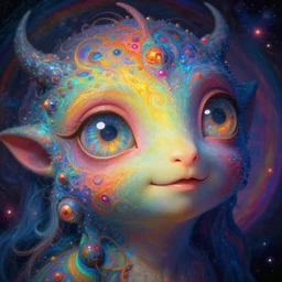 hyperrealistic abstract close-up Renaissance psychedelic!! celestial happy! pure creature!! peaceful! kind spirit of nature! beautiful fractal!! eyes! highly detailed concept art eric zener elson peter cinematic hard rainbow lighting high angle hd 8k sharp shallow depth of field, inspired by Zdzisław Beksiński Salvador Dali