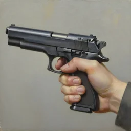 oil painting of a human hand holding a gun