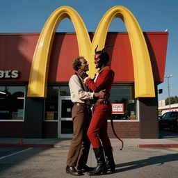 robert johnson and the devil embracing at mcdonald's, photograph