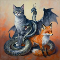 painting of hybrid between cat & dragon & snake & fox, intercrossed animal, by zdzislaw beksinski, by lewis jones, by mattias adolfsson, cold hue's, warm tone gradient background, concept art, beautiful composition, digital painting