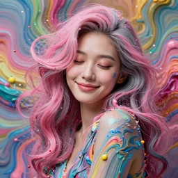a portrait of a very beautiful young asian goddess, seductive smile, with pink and grey hair radiating an artwork made of swirling paint and impasto, sleepy eyes by wlop and monia merlo and fintan magee, background is multicoloured volumetric displacement, hyperrealism, subsurface scattering, arnold render, noise to volume, 8 k, houdini, xparticles