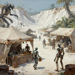 robotic merchants in tents, trading town square, matte oil painting, retrofuturistic, concept art, quarrying, science fantasy, mutant, lgbt, queer, rpg, epic, rusted, white salt, badlands, jungles, dungeons & dragons, sacred, sharp focus, award - winning, extremely detailed, 4 k, 8 k