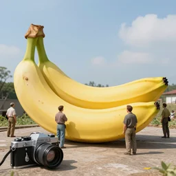 The world's largest banana, there are people standing next to the banana depicting its scale, photo taken on a ww2 camera.