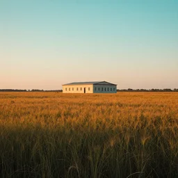 A serene landscape with a singular building in the style of technicolor cinemascope
