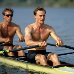 tom hiddleston with short hair, rowing a boat, sunlight shining off his oil covered skin painting by gaston bussiere, craig mullins, j. c. leyendecker, tom of finland