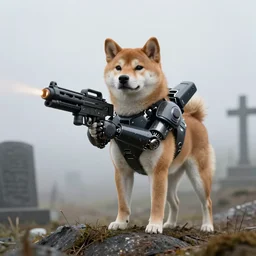 photorealistic anthropomorphic shiba inu on hill, wearing cyber robotic black exoskeleton power armor without helmet, holding laser gatling gun, post apocalyptic horror photorealistic foggy graveyard background anthropomorphic shiba inu on hill