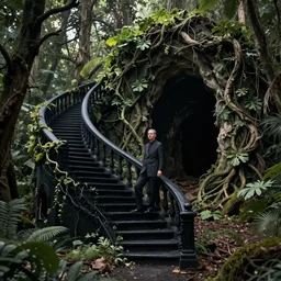 black staircase ruins in foreground, ((((((an overgrown forest, vine-covered cave entrance in shadow)))))), Wadim Kashin, in Peter Elson color scheme, featured in artstation, octane render, cinematic, elegant, intricate, 8k