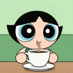 blossom ( the powerpuff girls ) drinking coffee in a cup, very detailed face