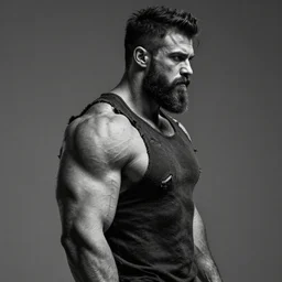 a single muscular man wearing torn clothes, looking to the right, profile picture, hyperrealistic, concept art, octane render, unreal engine 5, trending on artstation, high quality, highly detailed, 8 k, dramatic lighting, cinematic, high coherence, anatomically correct, five fingers, digital art, seductive, black and white, big beard