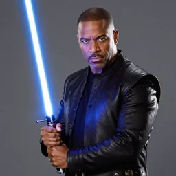 steve harvey holding lightsaber, realistic, detailed, photo