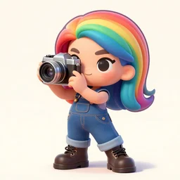 cute cartoon character, curled perspective, digital art, attractive girl, overalls, combat boots, rainbow hair, old photo camera, anton fadeev