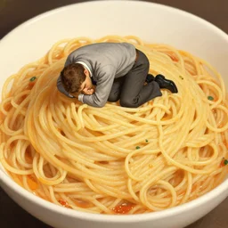 a tiny business man lying in a fetal position in a huge bowl of spaghetti, detailed digital art by gustave courbet