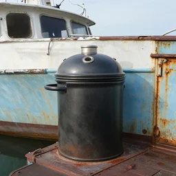 clamshell grill garbage can on an abandoned motorboat hull,