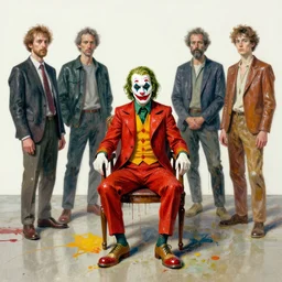 a joker with diamonds sitting in a chair by beeple and luc tuymans and vincent lefevre and hernan bas and pat steir and hilma af klint, psychological, dripping paint, high quality render, masterpiece