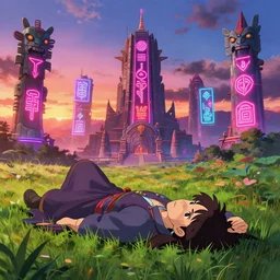 cyberpunk shaman, shaman totems, shaman symbols, shaman architecture, neon billboards, neon lights, elegant, ultra sharp lines, 4 k, anime key visual of monuments, neons, vibrant colors, finely detailed perfect details, delicate features, laying down in the grass at sunset in a valley, trending on pixiv fanbox, studio ghibli, extremely high quality artwork