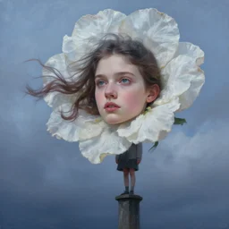portrait, giant flower head, a girl standing on pillar, surreal photography, wind and cold, dramatic sky, impressionist painting, digital painting, artstation, simon stalenhag