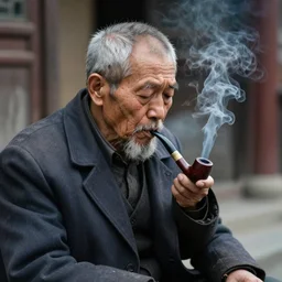 photo of a sad old man smoking a pipe