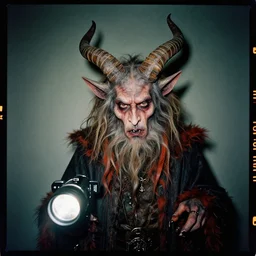 kodak portra 4 0 0, 8 k, wide flashlight shot of a highly detailed, britt marling style, colour still - life portrait of a krampus