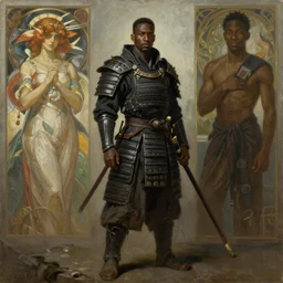 a full body fantasy portrait oil painting illustration of an African samurai by Justin Sweet and Greg Rutkowski and Alphonse Mucha and Jacob Lawrence and Kehinde Wiley with face and body clearly visible, visible pupils, d&d, rpg, forgotten realms, artstation trending, high quality, sombre mood, artstation trending, muted colours, no crop, entire character!