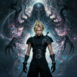 lovecraft biopunk portrait of sephiroth from final fantasy vii, fractal background, anthropomorphic cthulhu behind him, by tomasz alen kopera and peter mohrbacher