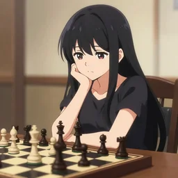 anime picture of long black hair anime girl pondering next to a chess set, pixiv