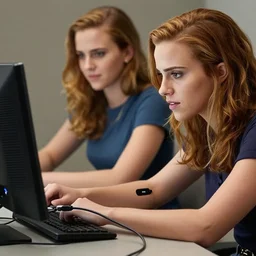 a girl who is a mix of emma watson and scarlett johansson and nathalie portman, she is plugging herself to a computer through an usb cable and a port in her arm, cables, it, very detailled, by david rutkowski and artgem