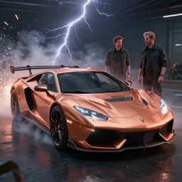 sport automotive with copper paint, unreal engine render. sparks, lightning, cinematic lighting, smokes. peder balke, john watkiss, and paul gustav fischer.