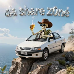 very epic skeleton with a cowboy hat and sunglasses smoking weed and drinking beer while driving a 2006 toyota corolla off a cliff, internet meme, inspirational photo, lens flare, chrome text effects, da share z0ne