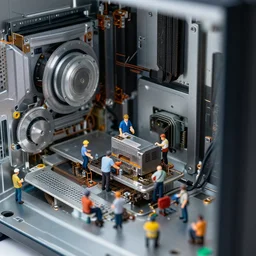 the inside of the computer, tiny beautiful people working inside, tech, realistic, photo