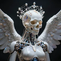 ai biomech humanoid, ethereal ultralight skull with crown mechanism, quantum physics, angelic and unsettling, wires, veins, ferrofluid, bismuth, style blend of hideo kojima, shepard fairey, and botticelli, city backdrop is a blend of the vatican, neo - andean architecture and brutalism, 4 k photorealistic, ultra fine inklines