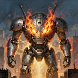 giant mayan mecha with flaming eyes standing over city, perfectly clear face, by j. c. leyendecker and beksinski