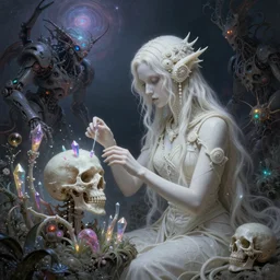 muted ombre matte painting beautiful sinister alabaster goth female skullpunk spirit doctor, tending to the iridescent enchanted intergalactic mecha garden, man machine chimeric beholder polyphemous power crystals psychotropic frequencies singularity artgerm wlop james jean andrei riabovitchev marc simonetti yoshitaka amano artstation, cgsociety