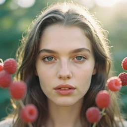 analog close up frontal face portrait photography of a beautiful woman surrounded by raspberries by maxim nikolaev. vogue. kodak portra 8 0 0 film. ( depth of field ). whirl bokeh!!. golden hour. detailed. hq. realistic. warm light. muted colors. filmic. dreamy. lens flare. mamiya 7 ii, f / 1. 2, symmetrical balance, in - frame