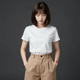 portrait of a girl in long pants and a top, hands in pockets, eyes closed, red color heart shaped tattoo on the right hand, bob haircut, digital art, black and white, minimalistic illustration by junji ito and kaoru mori