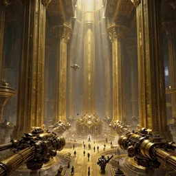 the depths of a vast artificial world with massive towering pillars holding the ceiling of the landscape up, detailed, brass coloration, energetic beings patrolling, extreme depth, alan bean, beksinski, zdzisław and peder balke collaboration, godrays, colossal hovering machine automations of brutalist design visible in the foreground