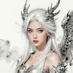 a realistic detail portrait of a beautiful female angle has white hair in atlantis, magic, dragon, ink painting by julian calle, wlop, greg rutkowski, finnian macmanus, syd mead trending on artstation, red and yellow scheme, 8 k, unreal engine, wide - angle lens