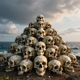 a mountain of skulls amidst the ocean, photograph, realistic, morning light, dan mumford color scheme