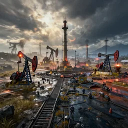 oil field in battlefield 4 by simon stalenhag and robbert sammelin and eric persson, 4 k, hd wallpaper, hdr, tonemapping, detailed, atmospheric, global illumination, majestical lighting, saturated, wet, ray tracing, anamorphic lens, chromatic aberration, battlefield 4